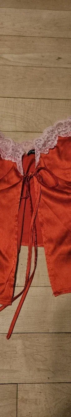 Fashion Nova Red Satin Chemise with Pink Lace Trim
